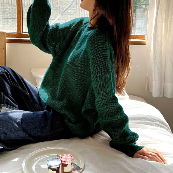 Casual Eyelet Detail Ribbed Knit Sweater Green - Picture 5 of 5